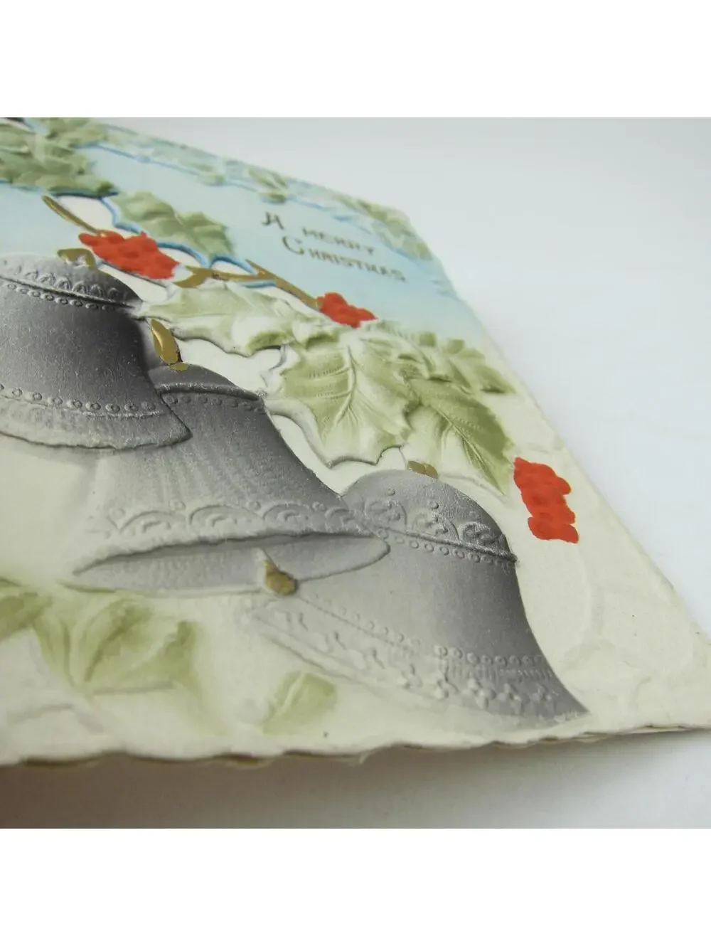 Victorian Card Christmas Die cut Holly Silver Bells 3D Embossed Booklet Antique